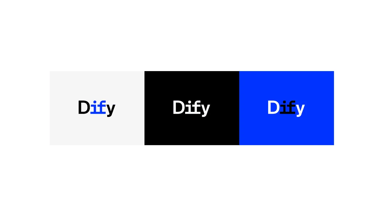 The Dify logo on light, black, and blue backgrounds